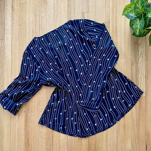 Jade Ladder Front Navy Blue Patterned Convertible Long Sleeve Blouse Size S - Picture 7 of 9
